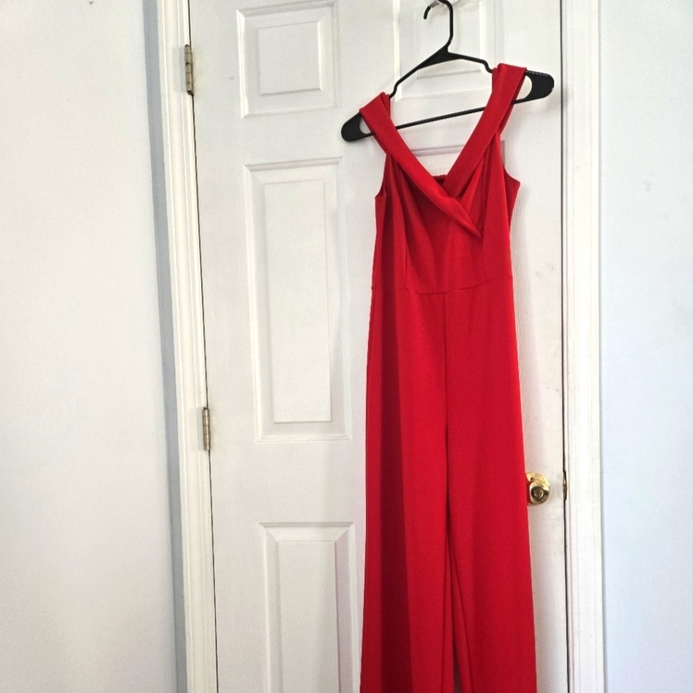 Red Off The Shoulder Wide Leg Jumpsuit Wrap Bodice | L